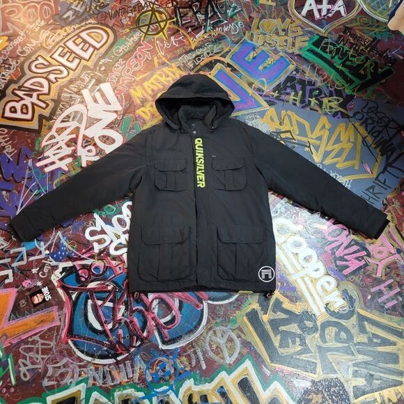 Vintage 90s Quicksilver black hooded Parka snowboarding coat Med - w large logo